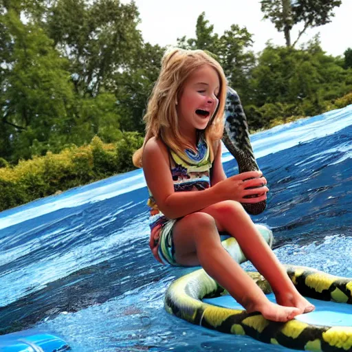 Image similar to a girl finds a snake on a water slide