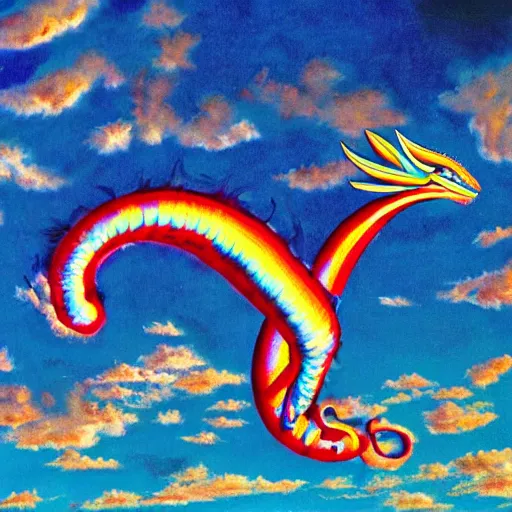 Image similar to giant blue quetzalcoatl melting up into the sky to form blue clouds