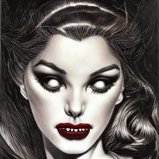 Image similar to a hyperrealistic portrait painting of a beautiful female vampire, by virgil finlay, highly detailed,