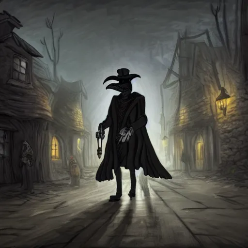 Prompt: a plague doctor walks through a dwarf city, dark atmosphere, detailed, dark Colors