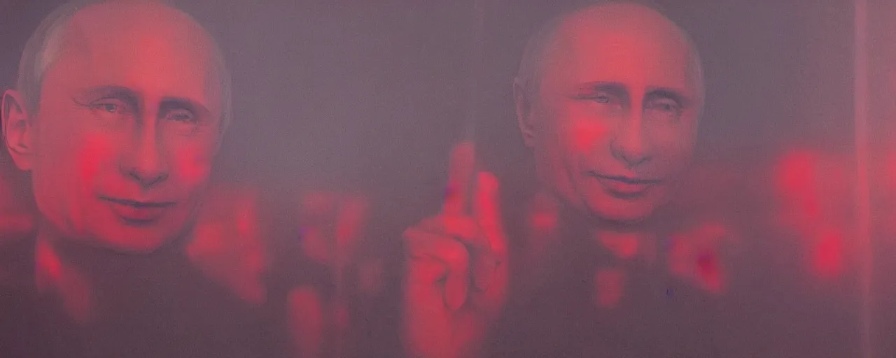 Prompt: in the style of gottfried helnwein. a smiling vladimir putin in red light. from above. shallow focus. wide angle