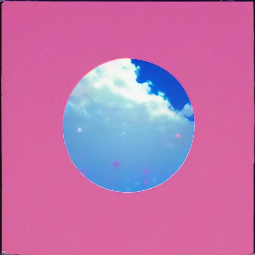 Image similar to a photograph of a blue sky with puffy white clouds and a dayglo pink dot in the center, Award Winning, album artwork