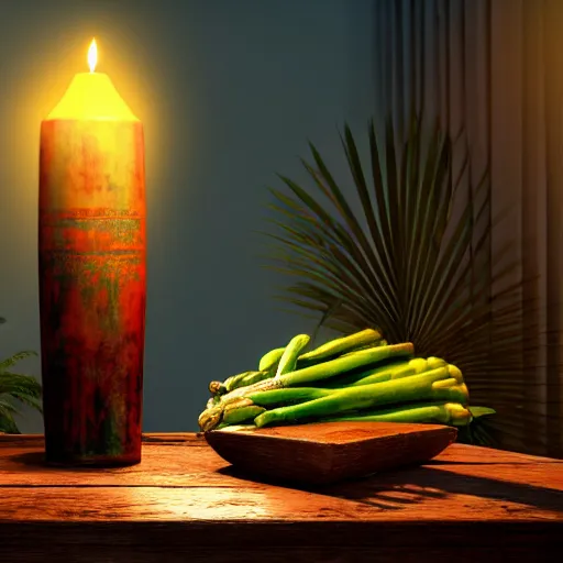 Prompt: a large vase with palms on top of a antique wooden table, vegetables on table and candle, medieval antique concept art, cinematic lightning and colors, vray tracing, rendered in unreal engine, dark lightning, contrast shadows, super detailed, 8 k