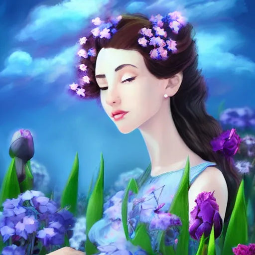 Image similar to a picture of a dreaming woman with flowers grow out of hair, roses peonies forget-me-nots dahlias lupins gladioli, sky theme in background, Digital Art, Trending on artstation