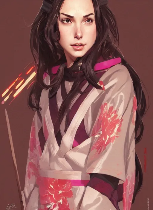 Image similar to gal gadot as nezuko from demon slayer ねずこ wearing floral kimono by artgem by greg rutkowski trending on artstation