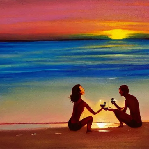 Image similar to one young man and one young woman drinking wine on a beach at sunset, beautiful colors, amazing landscape, painting, stunning details