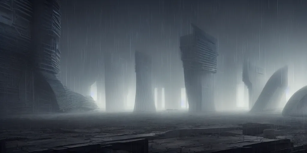 Image similar to an abandoned dystopian city of parametric architecture, technopunk, by federico pelat and james paick and zaha hadid, concept art, hyperrealism, 8 k resolution, octane render, cinematic, ominous, dramatic, volumetric lighting, misty