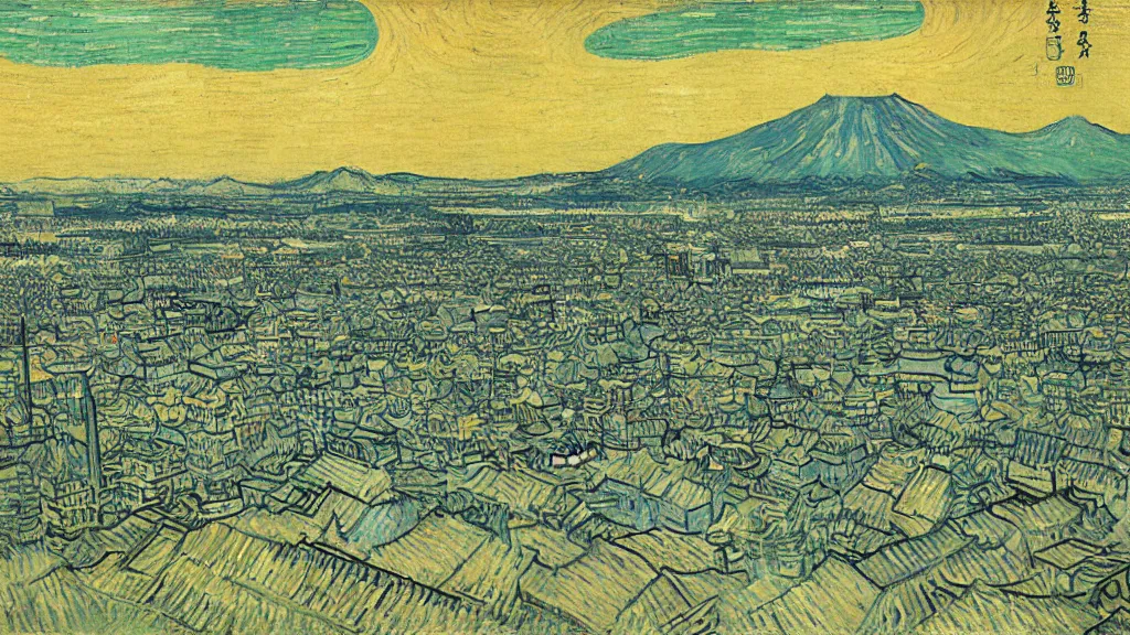 Image similar to futuristic japanese city by vincent van gogh,