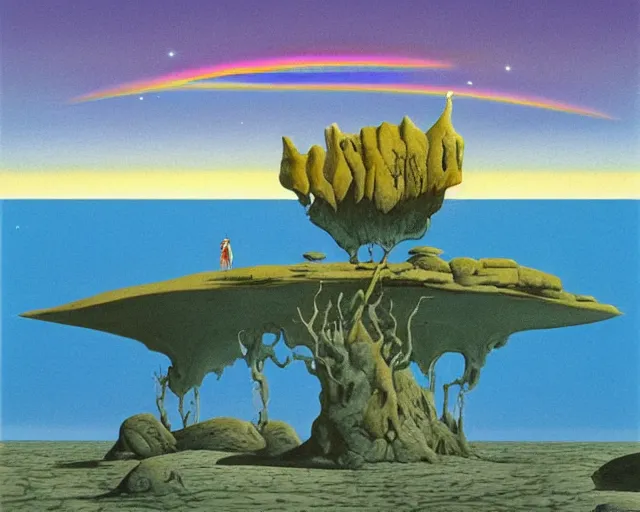 Image similar to roger dean 1 9 8 0 s art of a lone wanderer walking in the dry desert of a strange bizarre alien planet surface lakes reflective clear blue water, rainbow in sky, imagery, illustration art, album art
