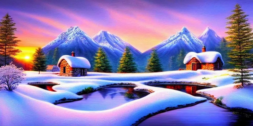 Prompt: a beautiful fantasy landscape, snowy mountain in background, little cottage, small pond, some trees in the corner, sunrise. hyper realism