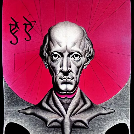 Prompt: red and pink graphic conceptual post - mortem monumental portrait made by escher and william blake and salvador dali, highly conceptual art, intricate detailed painting, illustration sharp detail, manga 1 9 9 0