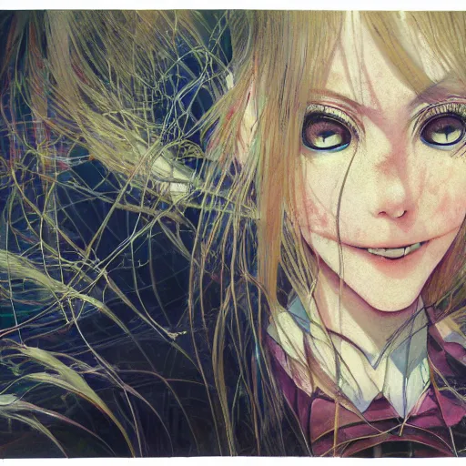 Prompt: yoshitaka amano realistic illustration of a sinister anime girl with big eyes and long wavy white hair wearing dress suit with tie and surrounded by abstract junji ito style patterns in the background, blurred and dreamy illustration, noisy film grain effect, highly detailed, oil painting with expressive brush strokes, weird portrait angle