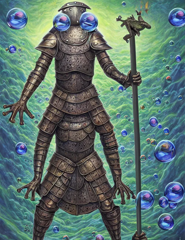 Prompt: anthropomorphic bipedal frog that is wearing full steel plate armor, and holding a colossal sword in his hand, as a matte oil painting and d & d character art, by alex grey, standing, fullbody, floating bubbles, psychedelic, award - winning, extremely detailed, sharp focus