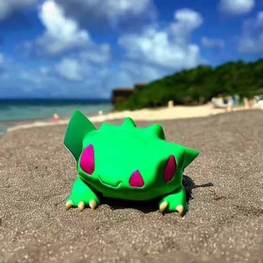 Prompt: Bulbasaur sunbathing on the beach