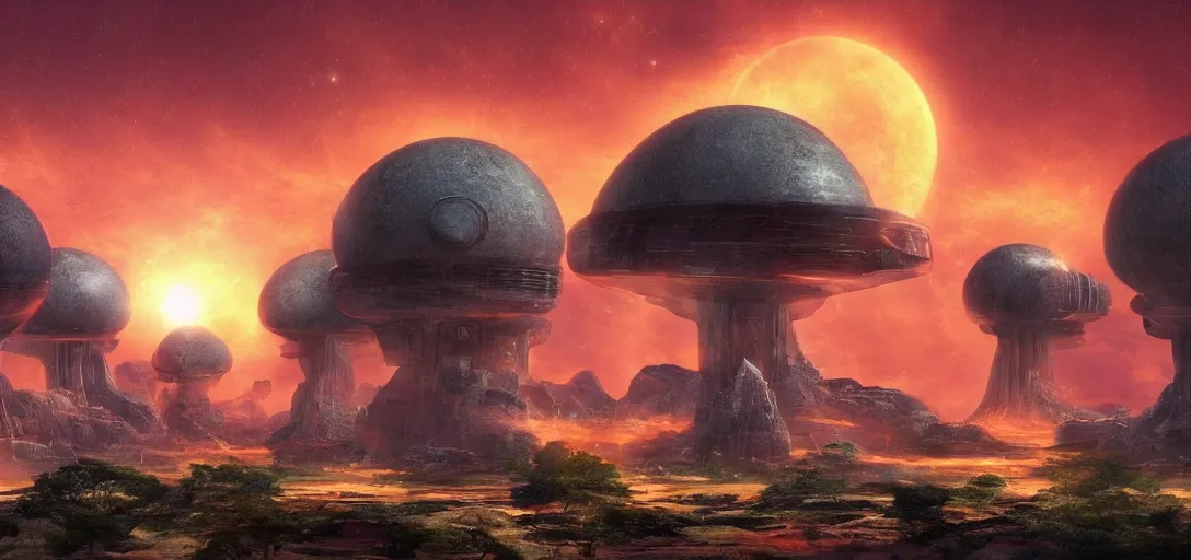 Image similar to an ancient alien civilization with large scifi structures, an orange dramatic sky, warm cool color scheme, cinematic quality, no blur, sharp focus, highly detailed