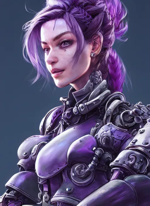 Image similar to portrait of a pale woman in power armor with purple ponytail hair, elegant, stoic, intense, ultrafine hyperdetailed illustration by kim jung gi, irakli nadar, intricate linework, sharp focus, bright colors, octopath traveler, final fantasy, hearthstone, highly rendered, global illumination, radiant light, detailed, intricate environment