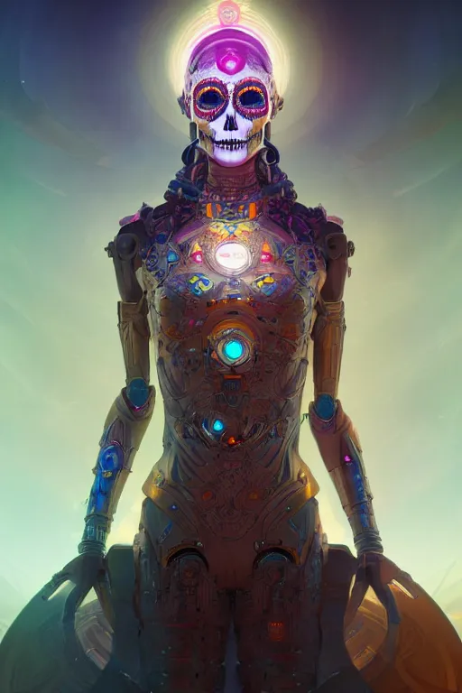 Image similar to ultra detailed female android deity, scifi, fantasy, octane render, dia de los muertos, asymmetrical intricate concept art, triadic color, art by artgerm and greg rutkowski and alphonse mucha, 8 k