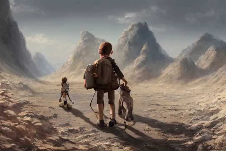 Prompt: highly detailed digital illustration of a young boy carrying a book and a wearing a backpack, walking through a barren wasteland with his robot dog | fantasy art, cryengine, concept art, photorealism, daz 3 d, sketchfab, zbrush, vray, golden hour, rule of thirds, golden ratio