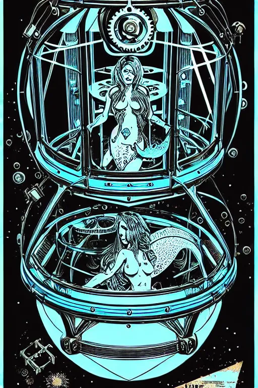 Image similar to steampunk cryo chamber containing a mermaid, high details, intricately detailed, by vincent di fate, inking, 3 color screen print, masterpiece, trending on artstation,, sharp, details, hyper - detailed, hd, 4 k, 8 k