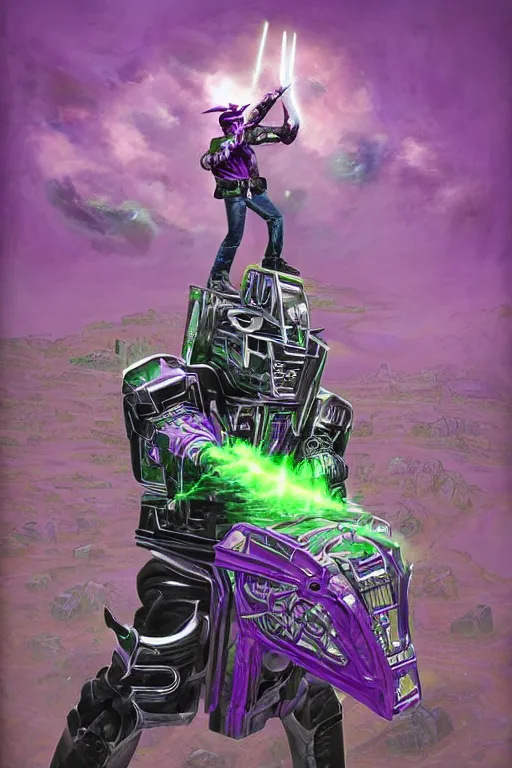 Image similar to portrait of cowboy johnny cash as purple green optimus prime power ranger from transformers riding on guitar zord ufo hoverboard, intricate, highly detailed, smooth, artstation, digital illustration by Lisa Frank and Ruan Jia and Mandy Jurgens and Artgerm and Wayne Barlowe and Greg Rutkowski and Zdislav Beksinski