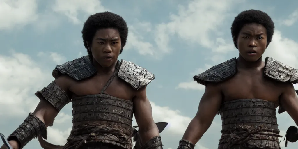 Image similar to a film still of a black boy starring in a japanese blockbuster film as ancient samurai, intense, shallow depth of field, cinematic, award winning cgi, vfx, film still