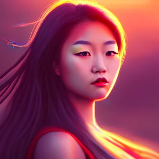 Image similar to a Photorealistic dramatic hyperrealistic bright eyes, Asian girl, beautiful hair, by Sam yang, samdoesart, Beautiful dynamic dramatic bright sunset lighting,shadows,cinematic atmosphere,Artstation,concept design art, digital painting, 8k