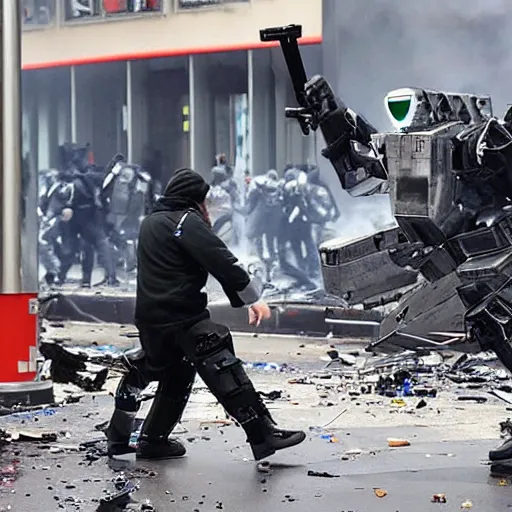 Image similar to Robotic security guard being dismantled by rioters