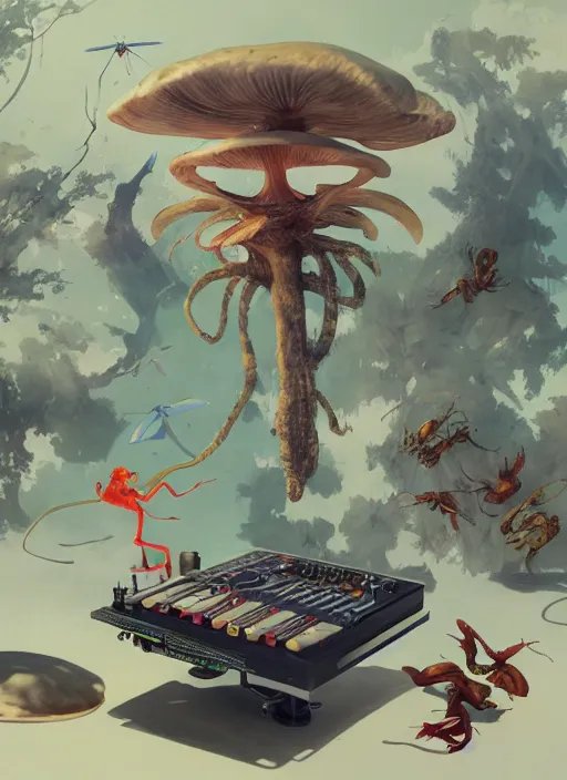 Image similar to surreal gouache painting, by yoshitaka amano, by ruan jia, by Conrad roset, by good smile company, detailed anime 3d render of a wild mushroom Surrounded by a magical dragonfly and a big DJ Mixer, deck, portrait, cgsociety, artstation, rococo mechanical and Digital and electronic, dieselpunk atmosphere