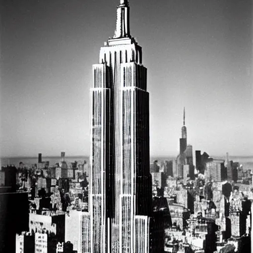 Image similar to gigapikachu attacking the empire state building, 1960s monster movie