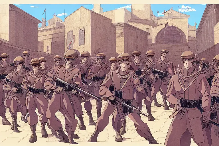 Image similar to cel shaded study of a group of soldiers in a late renaissance city, key visual with intricate linework, in the style of moebius, ayami kojima, 90's anime, retro fantasy