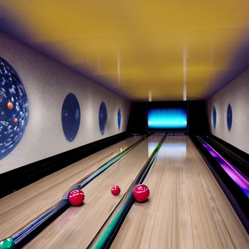 Image similar to solar system bowling alley, hyperrealism, hyperrealistic, photorealism, photorealistic, artstation, 4 k, highly detailed digital art but as photography