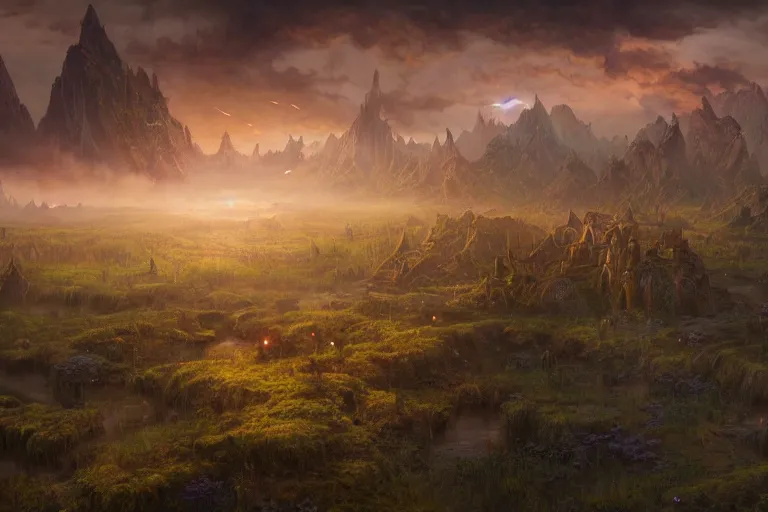 Image similar to aerial view, cinematic fantasy painting, dungeons and dragons, a faerie village, swamp wetland marsh estuary, with sunset lighting ominous shadows by jessica rossier and brian froud cinematic painting