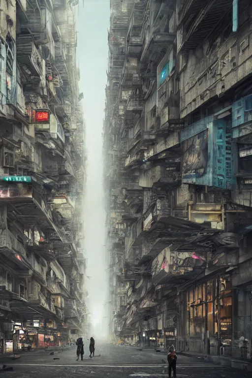 Prompt: hyperrealistic matte painting of a desolate city street, lone travelers walking under massive buildings that reach the sky, intricate detail, long street, glass buildings, vr, fog, graffiti, electronic ads, 8 k resolution, endless street, by hugh ferris and noriyoshi ohrai, cyberpunk style, smooth, octane, concept art, blue color scheme, trending on artstation