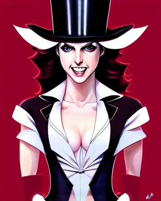 Image similar to beautiful Anna Kendrick Zatanna DC Comics floating on stage, wearing a top hat, symmetrical face symmetrical eyes, smiling, fantasy, intricate details, atmospheric, elegant, concept art, art by artgerm and eiichiro oda, Joshua Middleton art