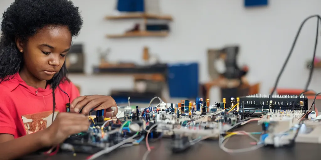 Prompt: a black girl kid scientist constructing a d. i. y. analogic synthsizer arduino with a lot of button potenciometers and iron cables in a room, photorealistic, ultra detailed, 4 k, chomatic aberration, dof