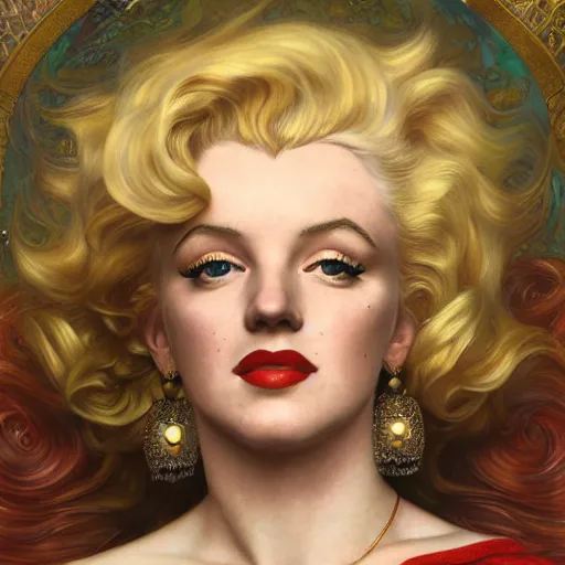 Image similar to Masterpiece head and shoulders portrait of marilyn monroe drawn by Donato Giancola and Tom Bagshaw, Edmund Leighton, Alphonse Mucha, background by James Jean and Gustav Klimt, 4k, porcelain skin, volumetric lighting, komorebi, french nouveau, trending on artstation, octane render, hyperrealistic