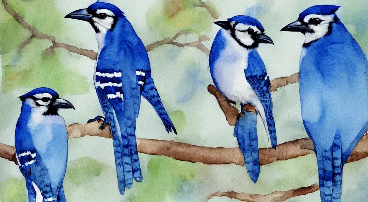 Prompt: watercolor painting of a bluejay + raven, beautiful,