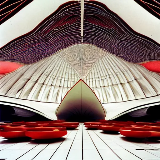 Image similar to interior of a futuristic lotus temple space station with gold, red and white marble panels, by buckminster fuller and syd mead, intricate contemporary architecture, photo journalism, photography, cinematic, national geographic photoshoot