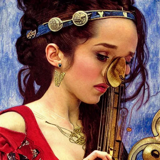 Image similar to half length portrait of ariana grande as a bard playing the mandolin, d & d, medieval, fantasy, giger, royo, klimt, miro, vallejo, frazetta, alphonse mucha, greg rutkowski, whealan