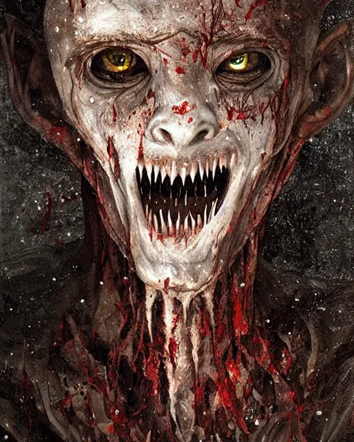 Image similar to Horrifying detailed painting of a pale, emaciated humanoid creature. It has sharp teeth and claws with pale milky eyes; snow, woods, blood; dark cinematic lighting, hyper detailed, moody; painted by Greg Rukowtski