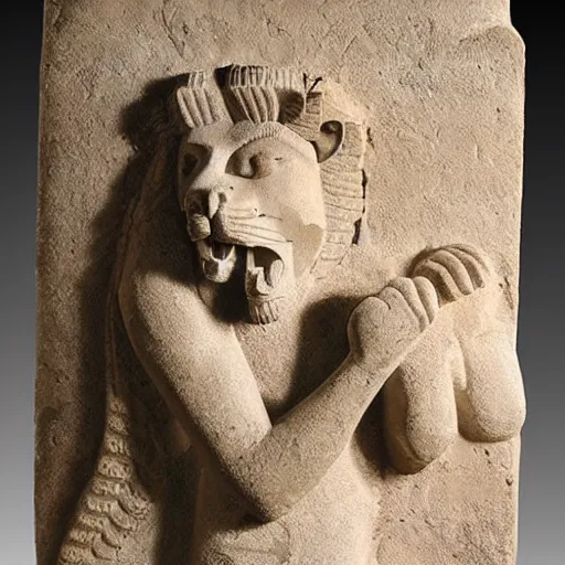 Prompt: mesopotamian statue of a savage roaring lion with wings