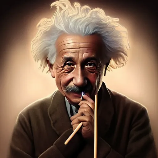 Prompt: Albert Einstein putting noodles in his mouth with chopsticks, hyperdetails, displacement mapped octane render, luscious patty with sesame seeds, ethereal, handsome, elegant, highly detailed, digital painting, artstation, concept art, matte, sharp focus, illustration, art by Artgerm and Greg Rutkowski and Alphonse Mucha