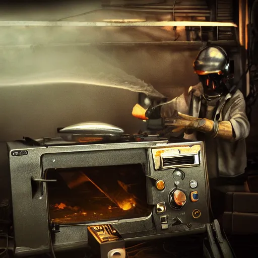 Image similar to cyborg toaster oven repairman, dark messy smoke - filled cluttered workshop, dark, dramatic lighting, orange tint, sparks, plasma rays, cinematic, highly detailed, sci - fi, futuristic, movie still, rule of thirds composition