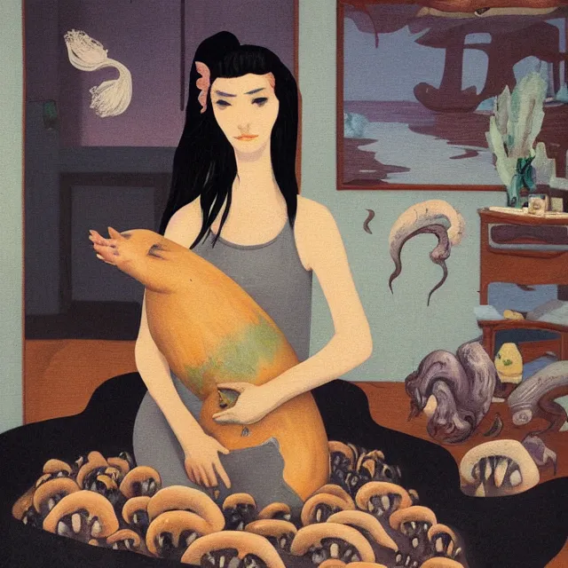 Image similar to tall female emo artist holding a pig's head in her flooded apartment, mushrooms, octopus, water gushing from ceiling, painting of flood waters inside an artist's apartment, a river flooding indoors, pomegranates, ikebana, zen, rapids, waterfall, black swans, canoe, berries, acrylic on canvas, surrealist, by magritte and monet