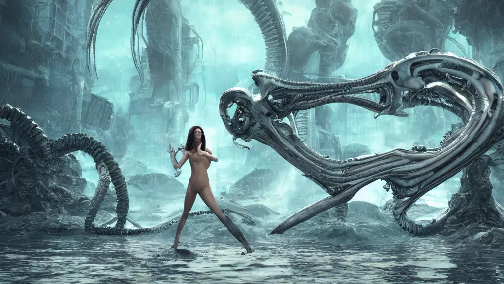 Image similar to 3D render of an single miniature beautiful bioengineered female xenomorph hybrid in front of a gigantic city ruined underwater environment, omnious , elegant, reflections, focus, detailed, realistic eyes, horizontal partial symmetry features proportions, intricate facial skin details, award winning, trending in cgsociety artstation deviant art, octane render