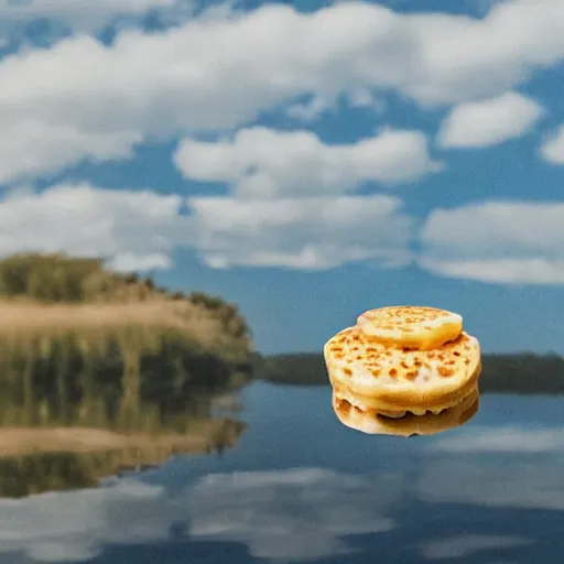 Image similar to two sad crumpets holding hands by a lake