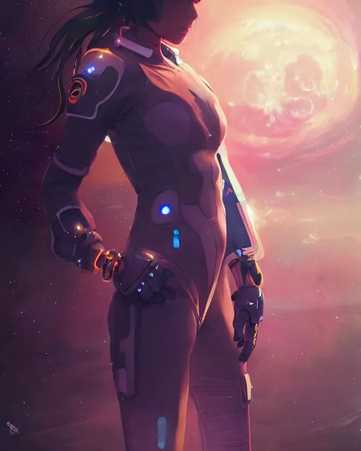 Image similar to anime visual of a female astronaut, neon, cyberpunk, black futuristic suit, stunning, highly detailed, digital painting, artstation, smooth, soft focus, illustration, art by artgerm and greg rutkowski and alphonse mucha