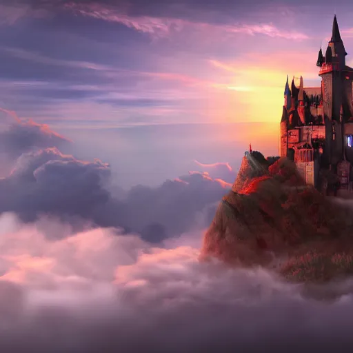 Image similar to a magical castle on the clouds, sunset, epic, trendy on artstation, 4 k