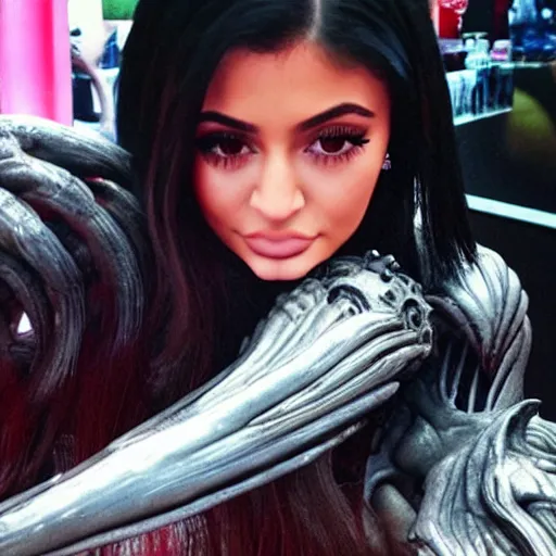 Image similar to kylie jenner being lickjed menacingly by an xenomorph, highly detailed, photorealistic, hyper realistic, slime, saliva, smooth