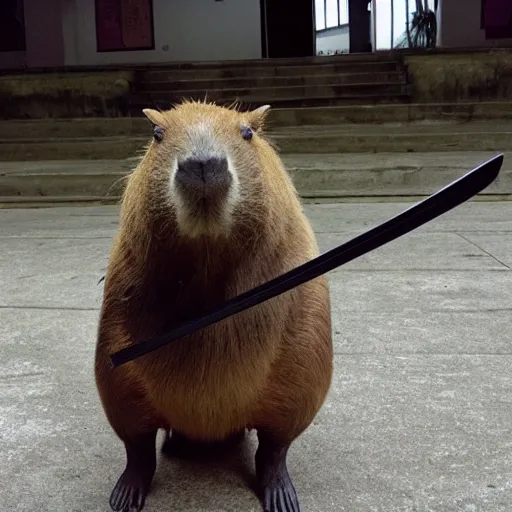 Prompt: photo of a capybara holding a katana